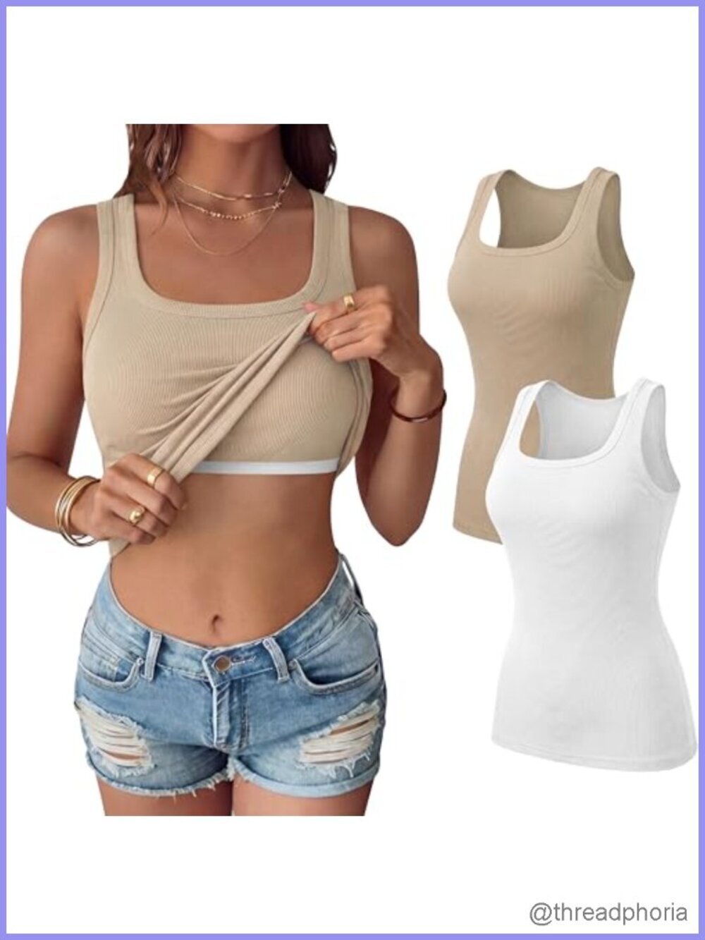 Square Neck Ribbed Tank Tops with Built in Bra 2 Pack Sleeveless Fitted Casual